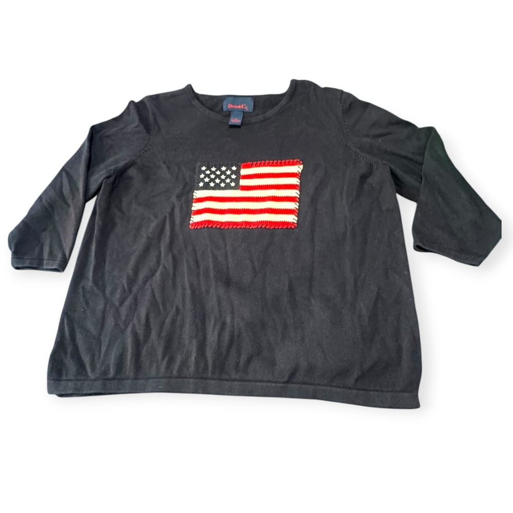 Denim & Co VTG Cotton Americana Heritage Crochet American Flag Sweater 1x USA
